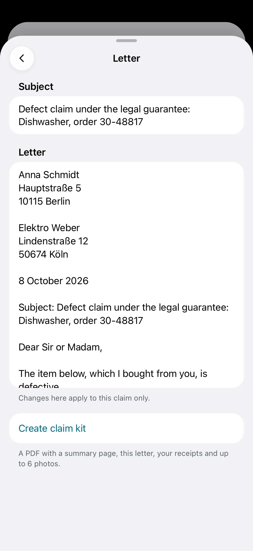 A claim letter to Elektro Weber about a faulty dishwasher, ready to edit, with a Create claim kit button.