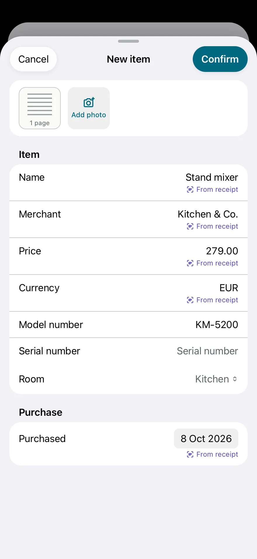 A new item filled in from a receipt: Stand mixer from Kitchen & Co., 279.00 EUR, each value marked From receipt.