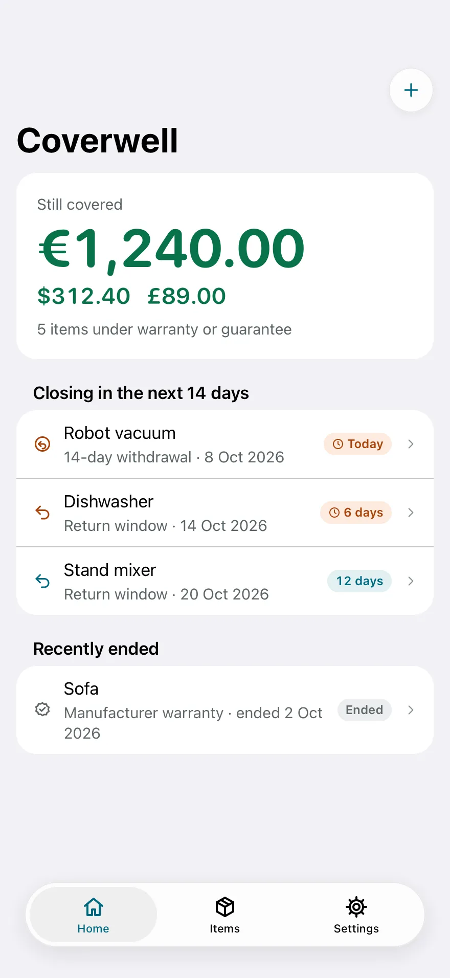 Coverwell's Home screen: €1,240.00 still covered across 5 items, and three deadlines closing in the next 14 days.