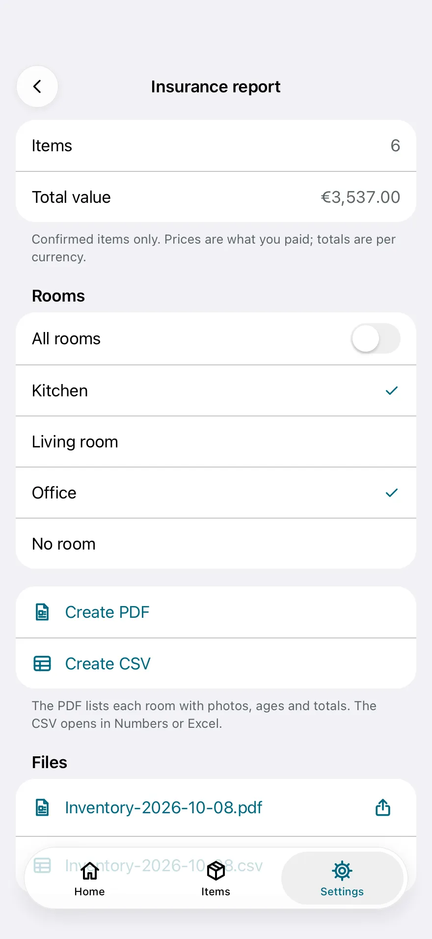The report screen with 6 items worth €3,537.00, Kitchen and Office selected, and a PDF and CSV created.